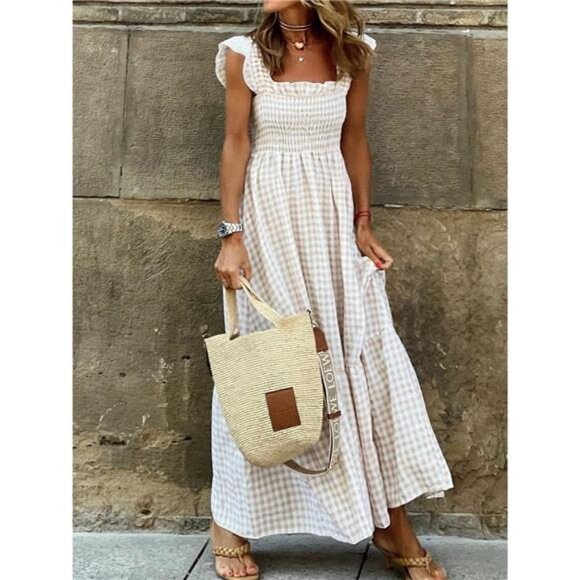 Full Size Gingham Smocked Ruffle Maxi Dress Plus Size - Picture 2 of 5